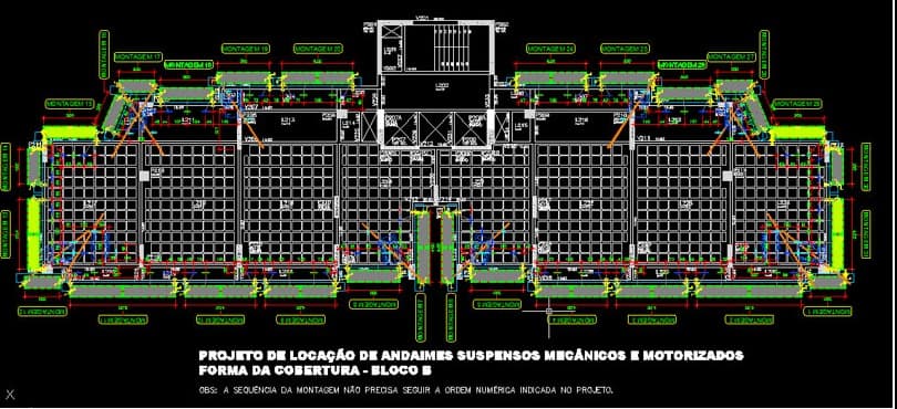 Projeto técnico em CAD de locação de andaimes suspensos mecânicos e motorizados elaborado pela 4M Engenharia